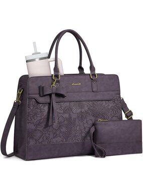 Women's Purple Leather Waterproof Striped Zipper Laptop Briefcase Tote Handbag